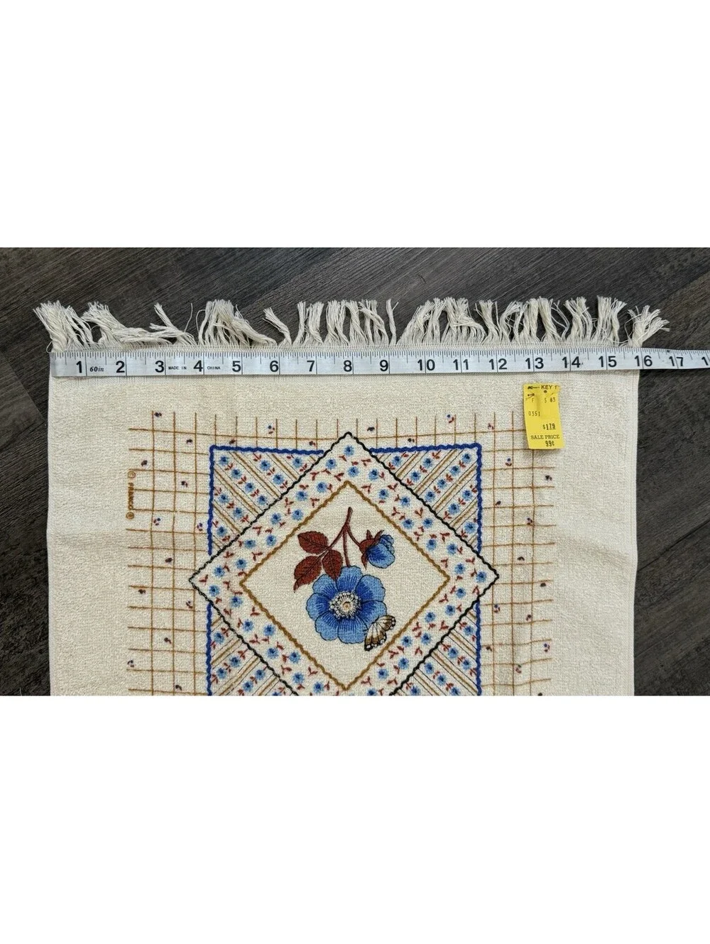 CANNON Hand Kitchen Towel Fringe 70s NOS Blue Rose Butterfly Flower Vtg